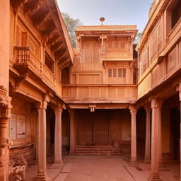 An ancient Indian house featuring a traditional courtyard (Aangan), made of rustic materials and adorned with cultural artifacts.