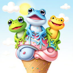 Three adorable cartoon frogs perched on a delectable ice cream cone, each frog with unique features: one is vibrant green with big, sparkling eyes, another is a bright blue with playful spots, and the third is a cheerful yellow with a wide grin