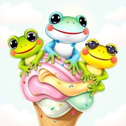 Three adorable cartoon frogs perched on a delectable ice cream cone, each frog with unique features: one is vibrant green with big, sparkling eyes, another is a bright blue with playful spots, and the third is a cheerful yellow with a wide grin