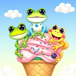 Three adorable cartoon frogs perched on a delectable ice cream cone, each frog with unique features: one is vibrant green with big, sparkling eyes, another is a bright blue with playful spots, and the third is a cheerful yellow with a wide grin
