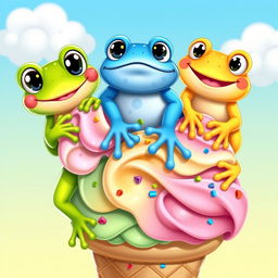 Three adorable cartoon frogs perched on a delectable ice cream cone, each frog with unique features: one is vibrant green with big, sparkling eyes, another is a bright blue with playful spots, and the third is a cheerful yellow with a wide grin