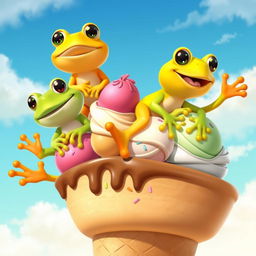 Three vibrant cartoon frogs playfully lounging on a giant ice cream cone, each frog different in color: one is a lively green, another a bright orange, and the last a cheerful yellow