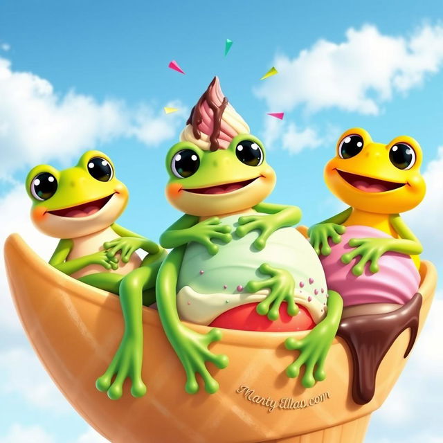 Three vibrant cartoon frogs playfully lounging on a giant ice cream cone, each frog different in color: one is a lively green, another a bright orange, and the last a cheerful yellow