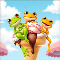 Three vibrant cartoon frogs playfully lounging on a giant ice cream cone, each frog different in color: one is a lively green, another a bright orange, and the last a cheerful yellow