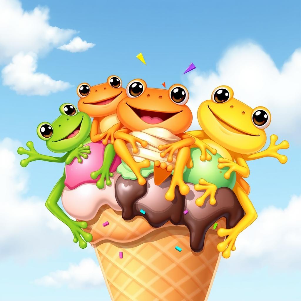 Three vibrant cartoon frogs playfully lounging on a giant ice cream cone, each frog different in color: one is a lively green, another a bright orange, and the last a cheerful yellow