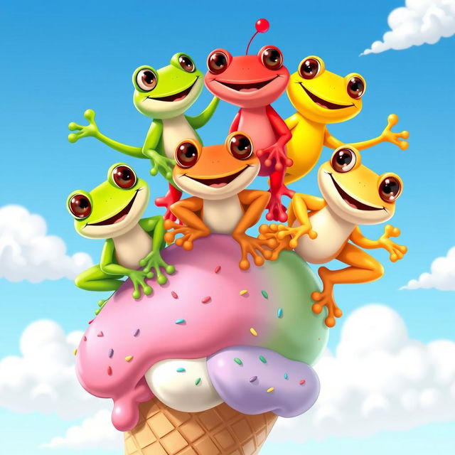 Three vibrant cartoon frogs happily balancing on a large ice cream cone, each frog uniquely colored: one is bright green, another is striking red, and the last is a sunny yellow