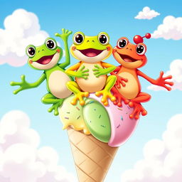 Three vibrant cartoon frogs happily balancing on a large ice cream cone, each frog uniquely colored: one is bright green, another is striking red, and the last is a sunny yellow