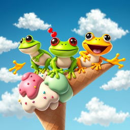 Three vibrant cartoon frogs happily balancing on a large ice cream cone, each frog uniquely colored: one is bright green, another is striking red, and the last is a sunny yellow