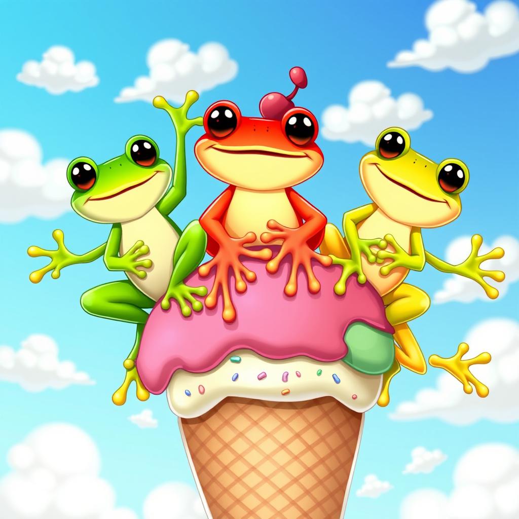 Three vibrant cartoon frogs happily balancing on a large ice cream cone, each frog uniquely colored: one is bright green, another is striking red, and the last is a sunny yellow