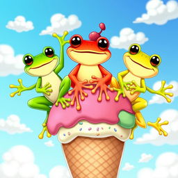 Three vibrant cartoon frogs happily balancing on a large ice cream cone, each frog uniquely colored: one is bright green, another is striking red, and the last is a sunny yellow