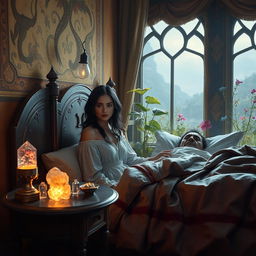A 40-year-old dark-haired woman sitting beside the bed of a 45-year-old dark-haired man in a fantasy setting