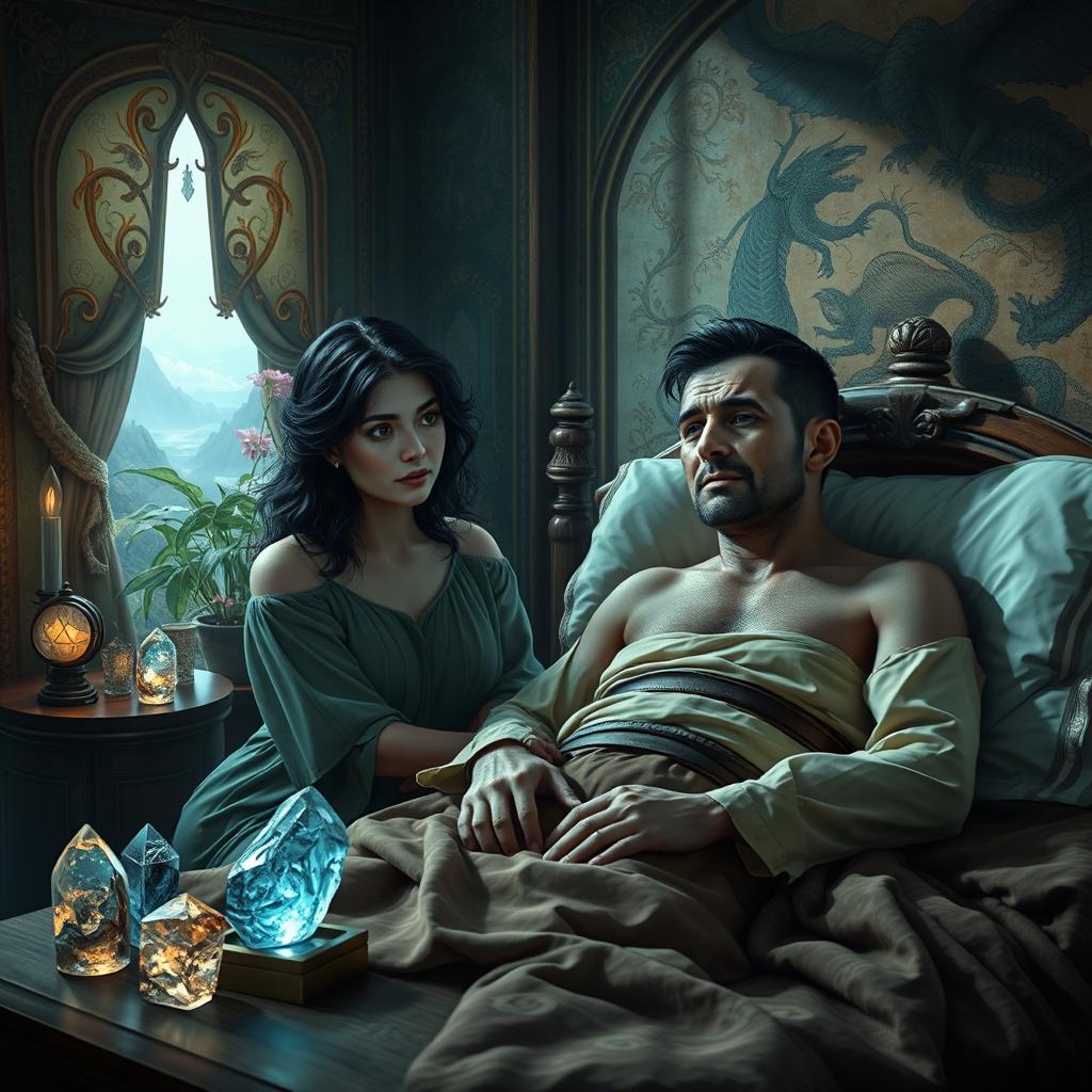 A 40-year-old dark-haired woman sitting beside the bed of a 45-year-old dark-haired man in a fantasy setting