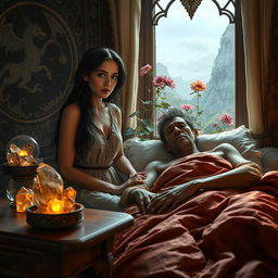 A 40-year-old dark-haired woman sitting beside the bed of a 45-year-old dark-haired man in a fantasy setting