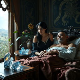 A 40-year-old dark-haired woman sitting beside the bed of a 45-year-old dark-haired man in a fantasy setting