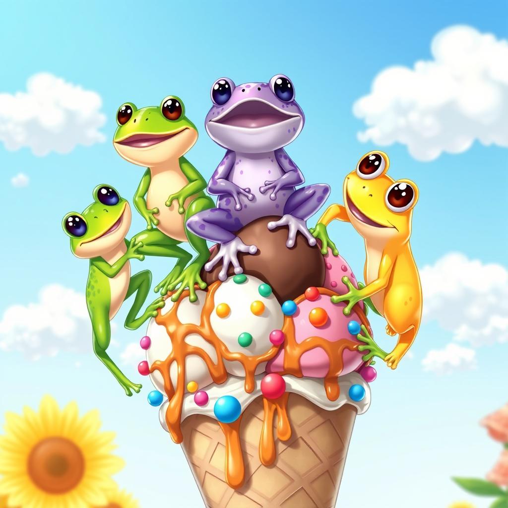 Three charming cartoon frogs balancing on a large ice cream cone, each frog distinct in color: one bright green with shiny skin, another vibrant purple with whimsical patterns, and the last a sunny yellow with big, friendly eyes