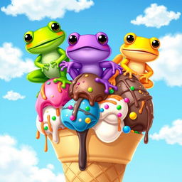 Three charming cartoon frogs balancing on a large ice cream cone, each frog distinct in color: one bright green with shiny skin, another vibrant purple with whimsical patterns, and the last a sunny yellow with big, friendly eyes