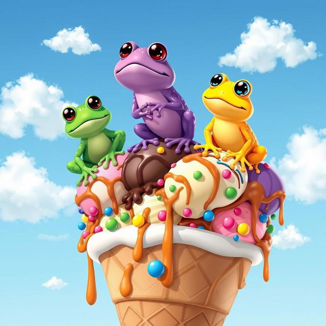 Three charming cartoon frogs balancing on a large ice cream cone, each frog distinct in color: one bright green with shiny skin, another vibrant purple with whimsical patterns, and the last a sunny yellow with big, friendly eyes