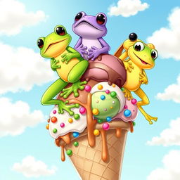Three charming cartoon frogs balancing on a large ice cream cone, each frog distinct in color: one bright green with shiny skin, another vibrant purple with whimsical patterns, and the last a sunny yellow with big, friendly eyes