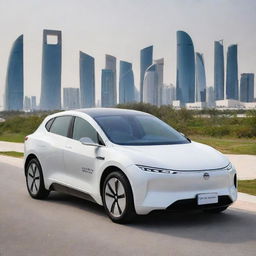 An ultra-modern Qatari electric car, representing the country's progress in technology and design impacting sustainability