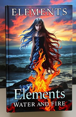 A captivating book cover featuring a girl standing on a rocky shore, half of her body surrounded by water and the other half enveloped in flames