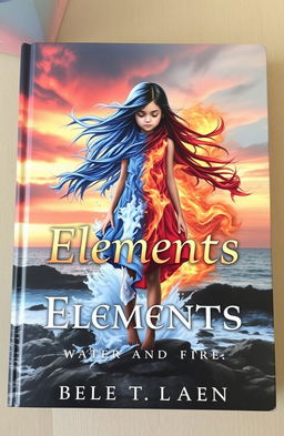 A captivating book cover featuring a girl standing on a rocky shore, half of her body surrounded by water and the other half enveloped in flames