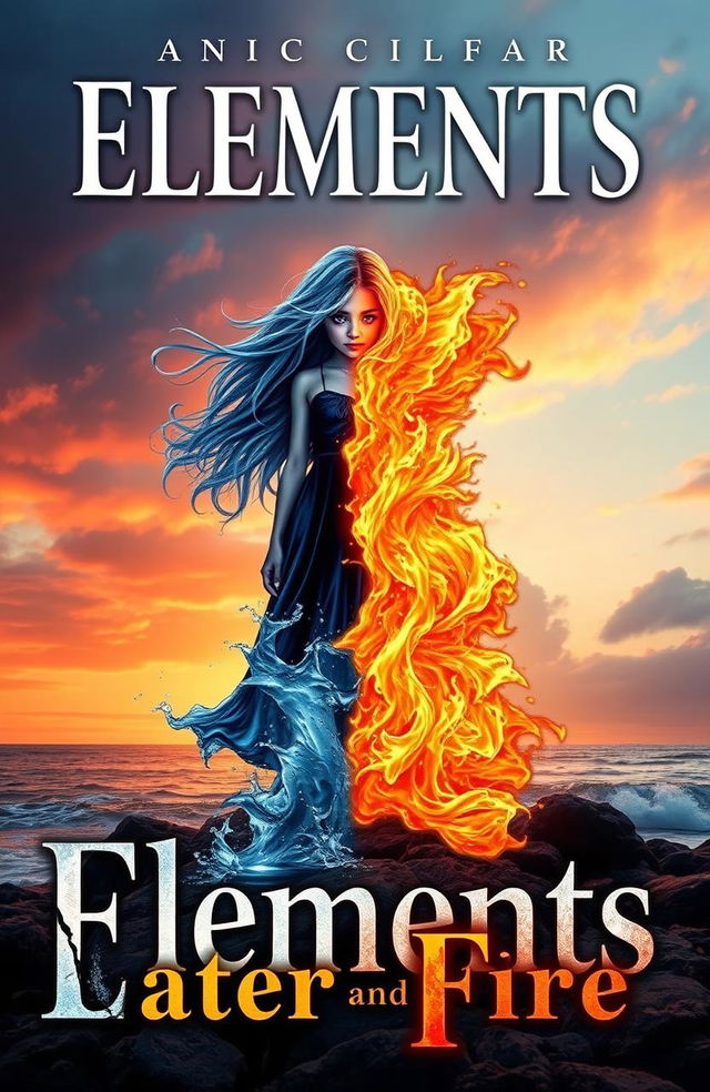 A captivating book cover featuring a girl standing on a rocky shore, half of her body surrounded by water and the other half enveloped in flames