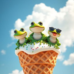 A whimsical scene featuring three cute, cartoon-style frogs sitting on a large vanilla ice cream cone