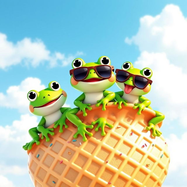 A whimsical scene featuring three cute, cartoon-style frogs sitting on a large vanilla ice cream cone