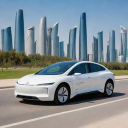 An ultra-modern Qatari electric car, representing the country's progress in technology and design impacting sustainability