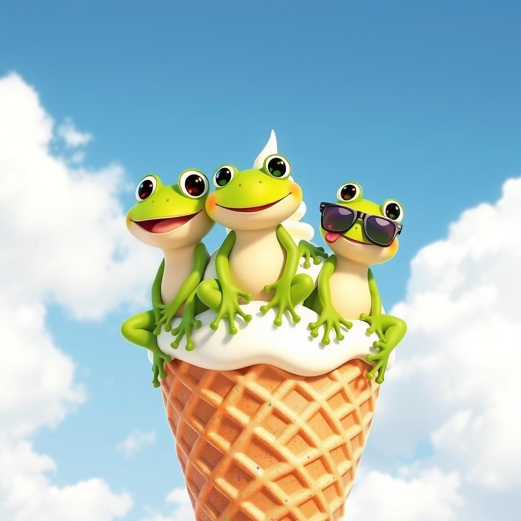 A whimsical scene featuring three cute, cartoon-style frogs sitting on a large vanilla ice cream cone