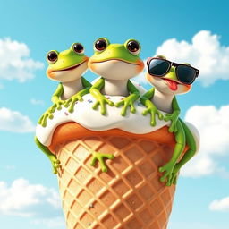 A whimsical scene featuring three cute, cartoon-style frogs sitting on a large vanilla ice cream cone