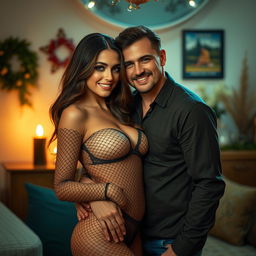A beautiful woman wearing a fishnet outfit, alluringly posing for her husband with a charming smile