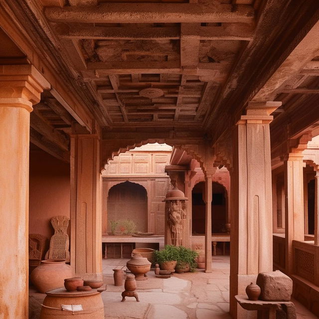 An ancient Indian house featuring a traditional courtyard (Aangan), made of rustic materials and adorned with cultural artifacts.