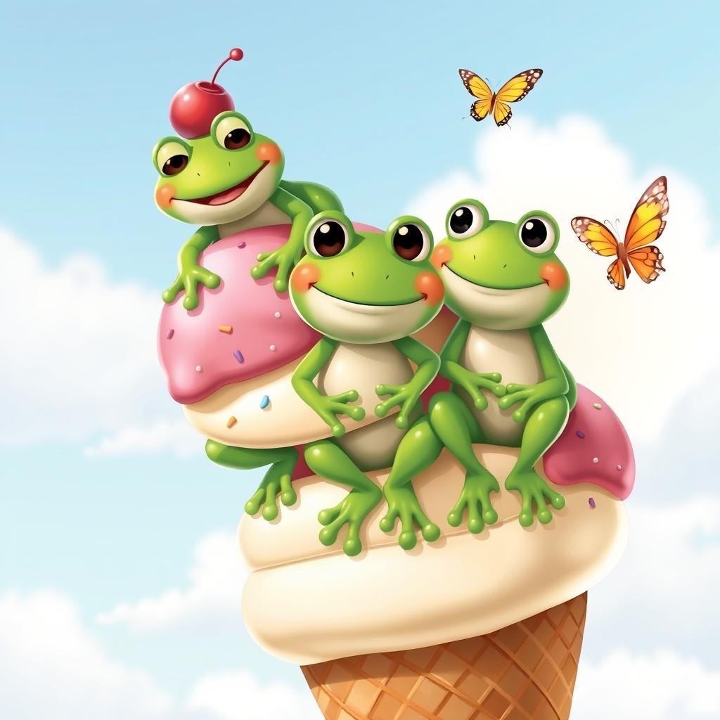 A whimsical scene featuring three adorable, cartoon-style frogs perched on a large swirl ice cream cone