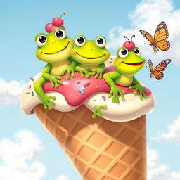 A whimsical scene featuring three adorable, cartoon-style frogs perched on a large swirl ice cream cone