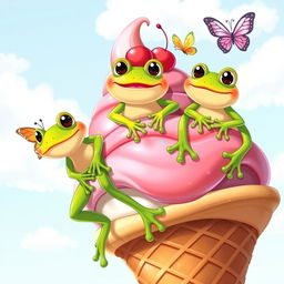 A whimsical scene featuring three adorable, cartoon-style frogs perched on a large swirl ice cream cone