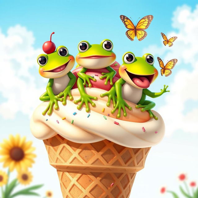 A whimsical scene featuring three adorable, cartoon-style frogs perched on a large swirl ice cream cone