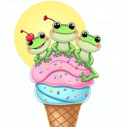 A playful illustration of three charming frogs sitting atop a large, colorful ice cream cone