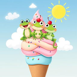 A playful illustration of three charming frogs sitting atop a large, colorful ice cream cone