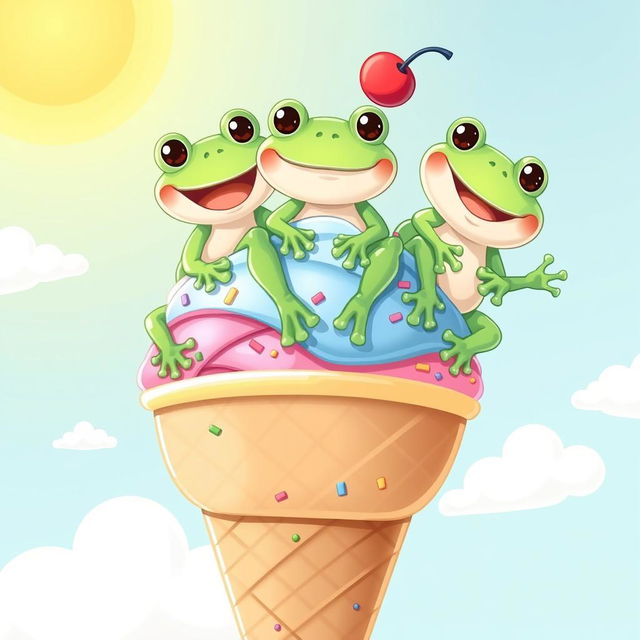 A playful illustration of three charming frogs sitting atop a large, colorful ice cream cone