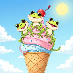 A playful illustration of three charming frogs sitting atop a large, colorful ice cream cone