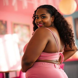 A curvy woman with a playful expression, embracing her body confidently