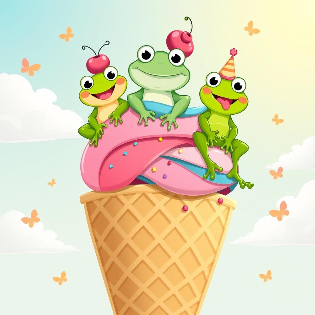 A fun and whimsical illustration depicting three playful frogs sitting atop a giant ice cream cone