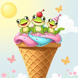 A fun and whimsical illustration depicting three playful frogs sitting atop a giant ice cream cone