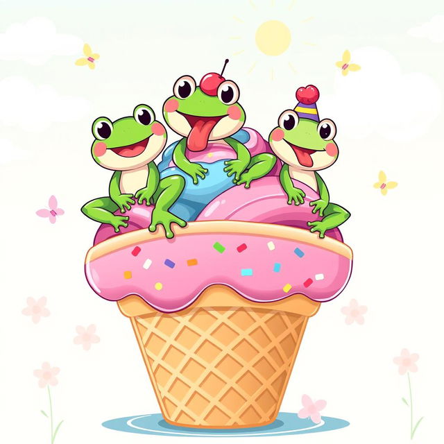 A fun and whimsical illustration depicting three playful frogs sitting atop a giant ice cream cone