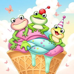 A fun and whimsical illustration depicting three playful frogs sitting atop a giant ice cream cone
