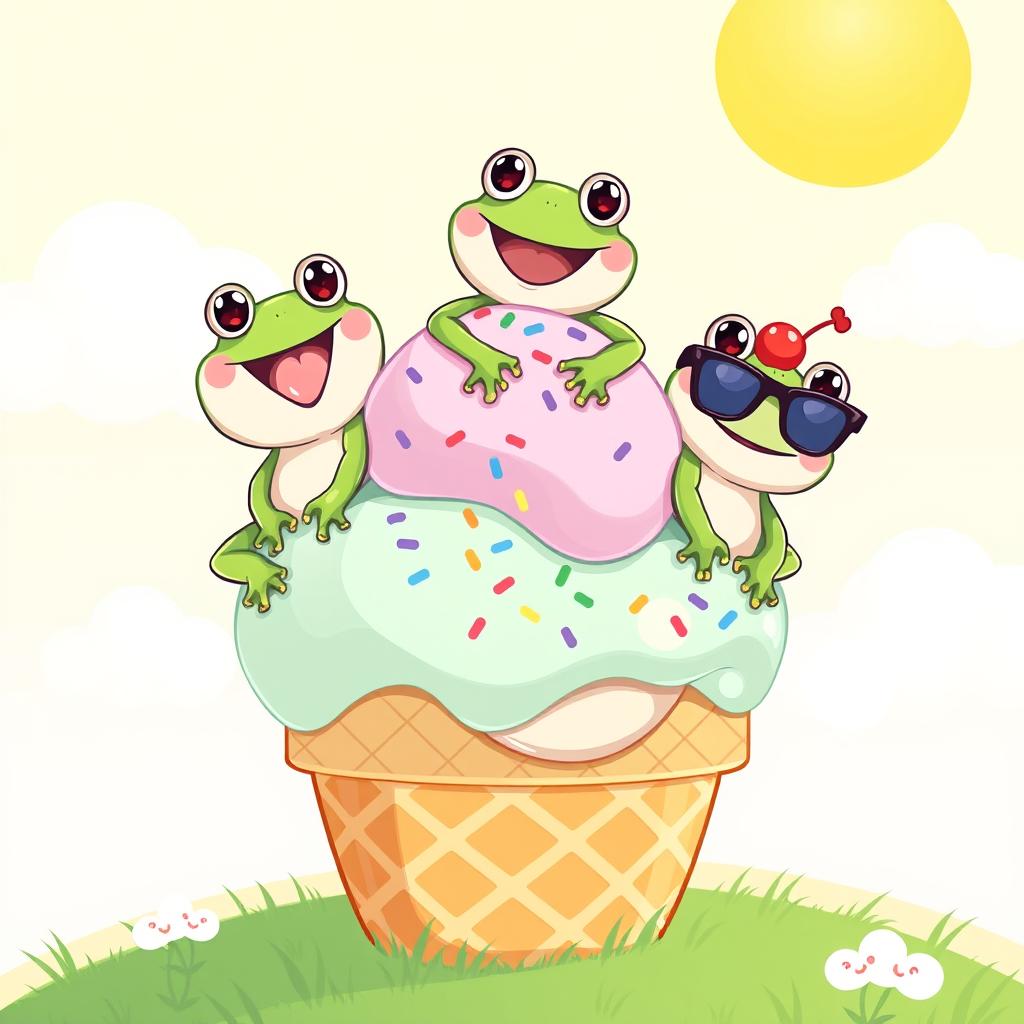 A whimsical and colorful illustration showcasing three cheerful frogs sitting atop a giant ice cream cone