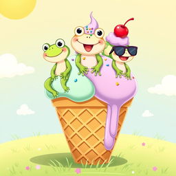 A whimsical and colorful illustration showcasing three cheerful frogs sitting atop a giant ice cream cone