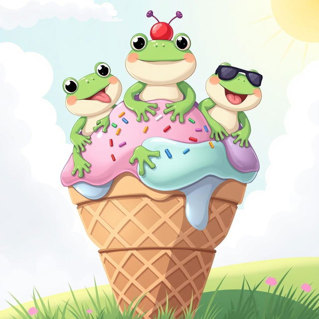 A whimsical and colorful illustration showcasing three cheerful frogs sitting atop a giant ice cream cone