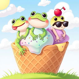 A whimsical and colorful illustration showcasing three cheerful frogs sitting atop a giant ice cream cone
